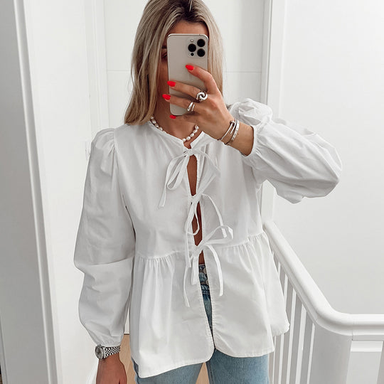 Damen Bluse mit Raffungen und dekorativen Schleifen Heidi-Mode