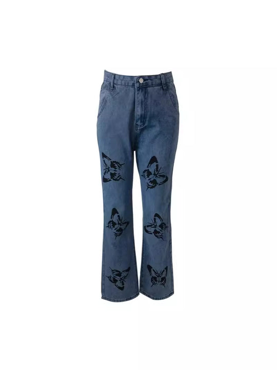 Damen Weit geschnittene Jeans mit kreativem Schmetterlingsdruck Heidi-Mode