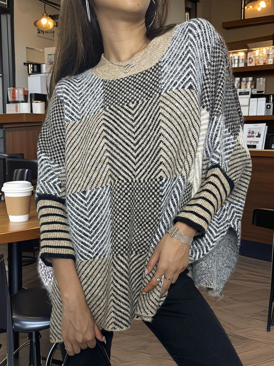 Damen asymmetrischer Strickpullover mit Zickzackmuster Heidi-Mode