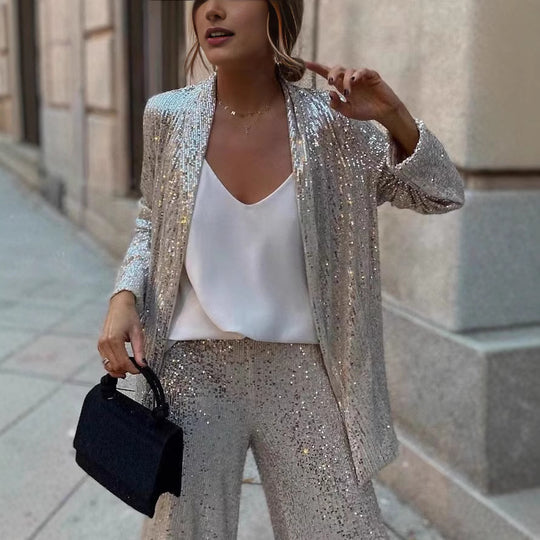 Damen Glitzerndes Blazeranzug mit weitem Bein und schimmernden Pailletten Heidi-Mode