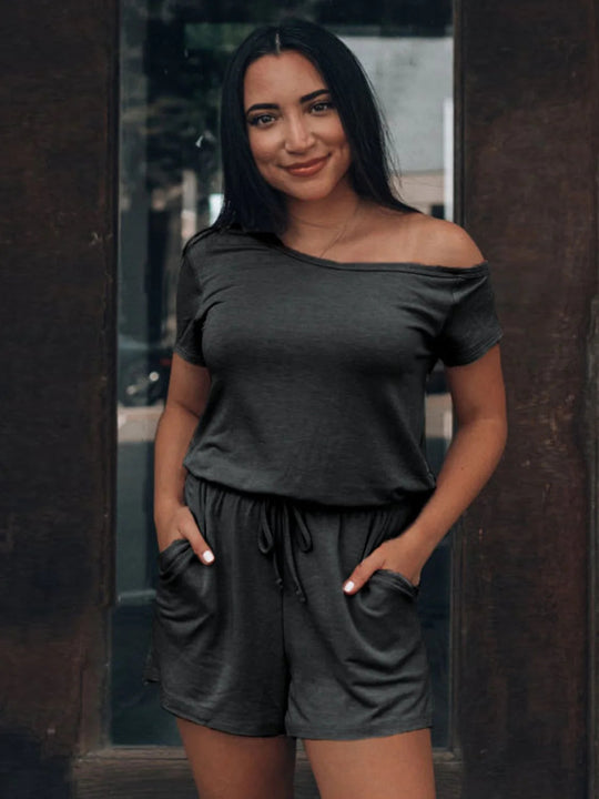 Damen lässiges Kurzoverall-Set mit elastischem Taillenzug und seitlichen Taschen Heidi-Mode