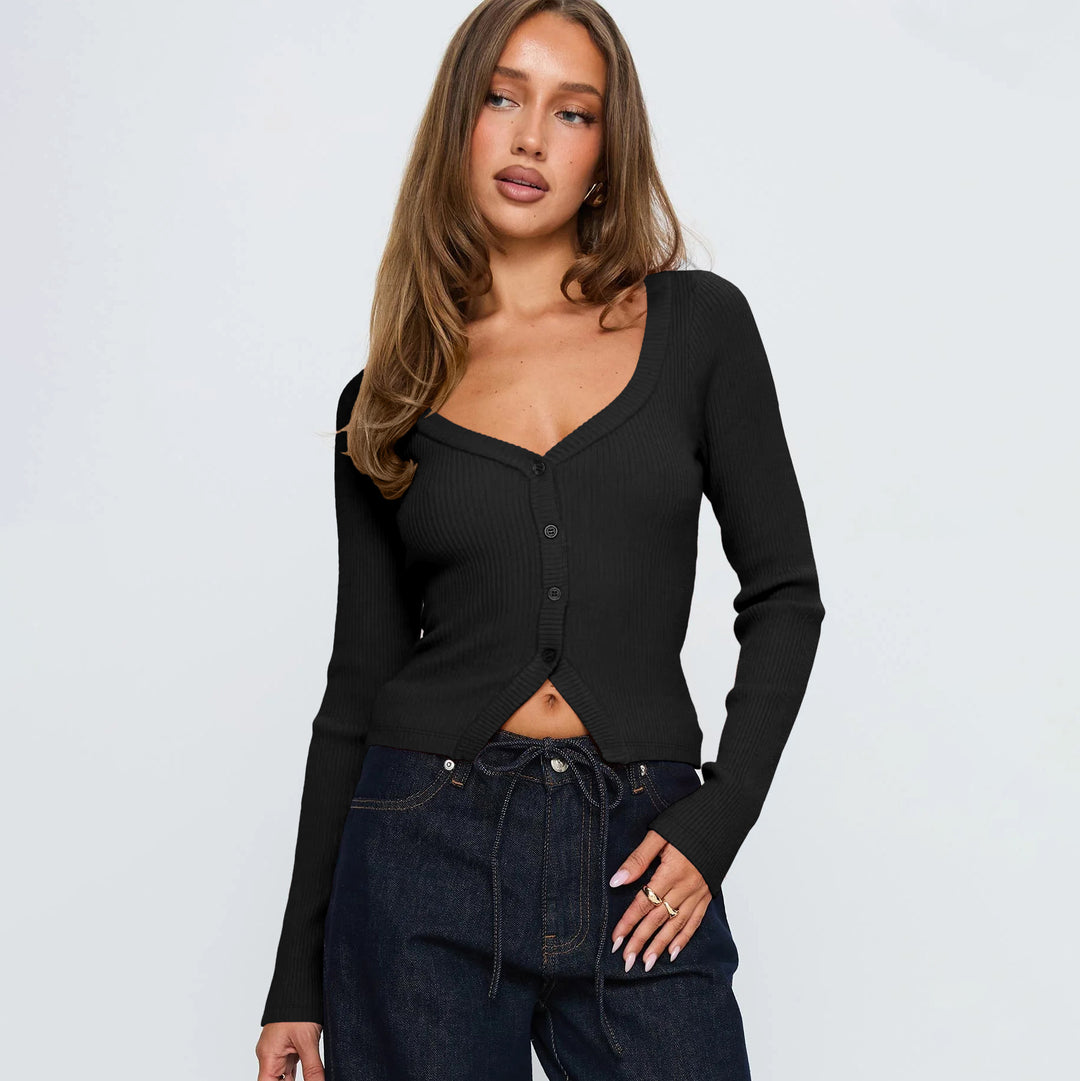 Damen Elegantes Ripp-Cardigan mit V-Ausschnitt und Knopfleiste Heidi-Mode