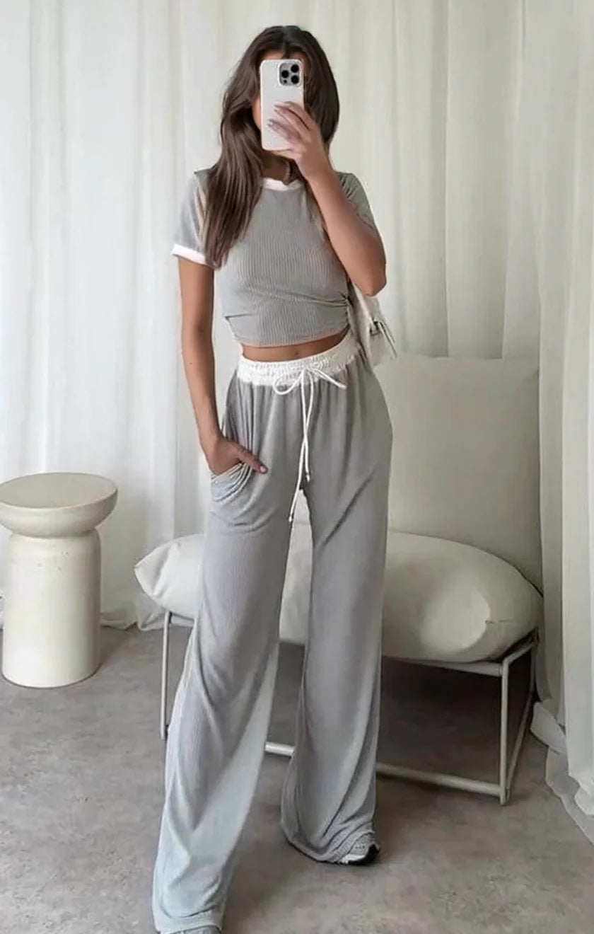 Damen lässiges Cropped Lounge-Set mit weicher Rippstruktur und bequemen Hosen Heidi-Mode