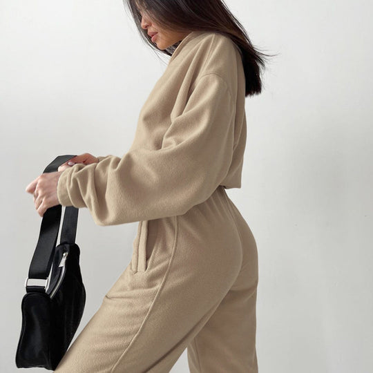 Damen lässiges Fleece-Loungewear-Set mit modernem Reißverschluss und weiten Ärmeln Heidi-Mode