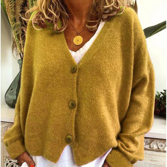 Damen lässiger Strickcardigan mit tiefem V-Ausschnitt und großen Knöpfen Heidi-Mode