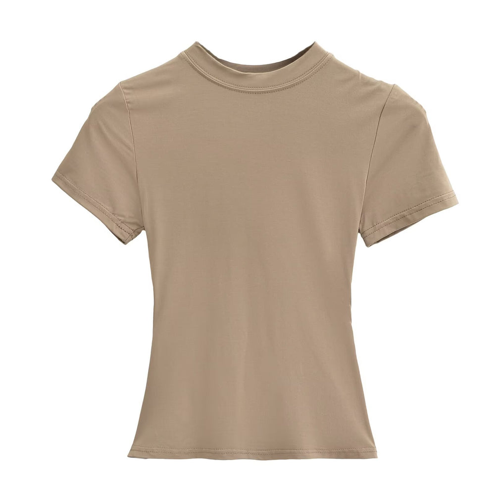 Damen Kurzarm T-Shirt mit hochgeschlossenem Kragen und figurbetontem Schnitt Heidi-Mode