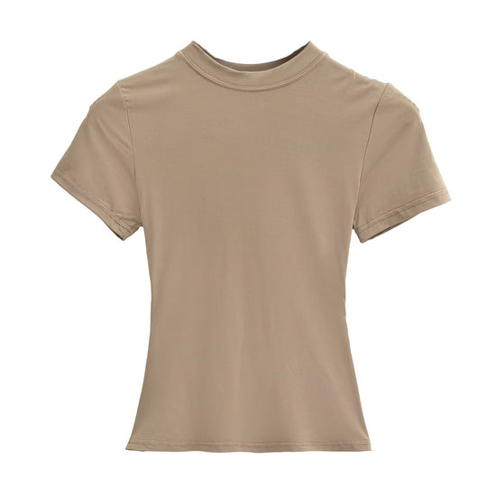 Damen Kurzarm T-Shirt mit hochgeschlossenem Kragen und figurbetontem Schnitt Heidi-Mode