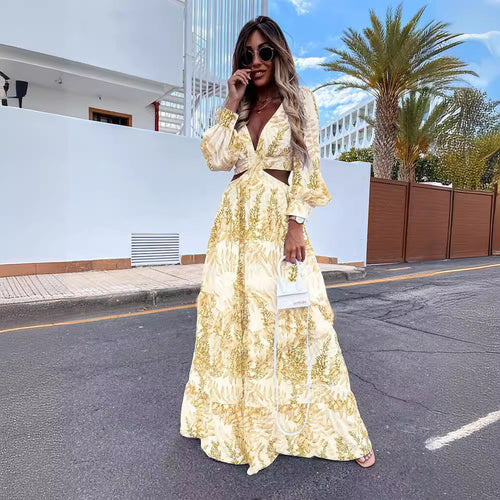 Damen Maxikleid mit elegantem V-Ausschnitt und verspieltem Rüschensaum Heidi-Mode