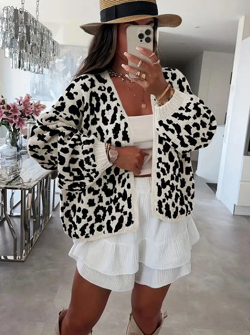 Damen lässiger Strickcardigan mit elegantem Leopardenmuster Heidi-Mode