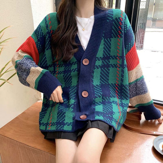 Damen Grobstrick-Cardigan mit buntem Karomuster und großen Holzknöpfen Heidi-Mode