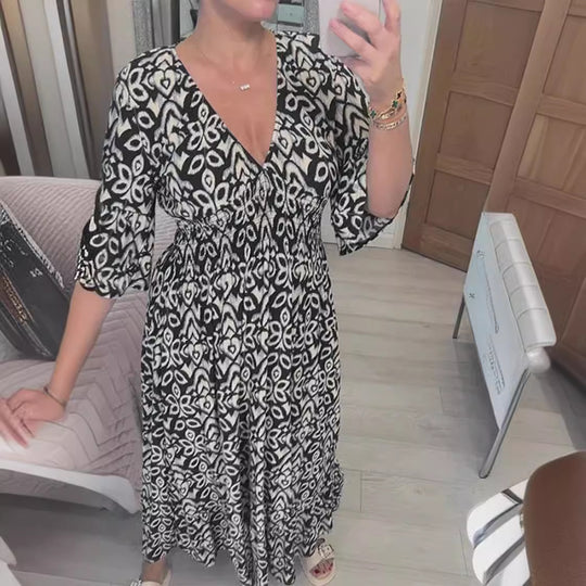 Damen Maxikleid mit schmeichelndem V-Ausschnitt und voluminösen Ärmeln Heidi-Mode