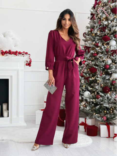 Damen Eleganter Jumpsuit mit taillierbarem Gürtel und V-Ausschnitt Heidi-Mode