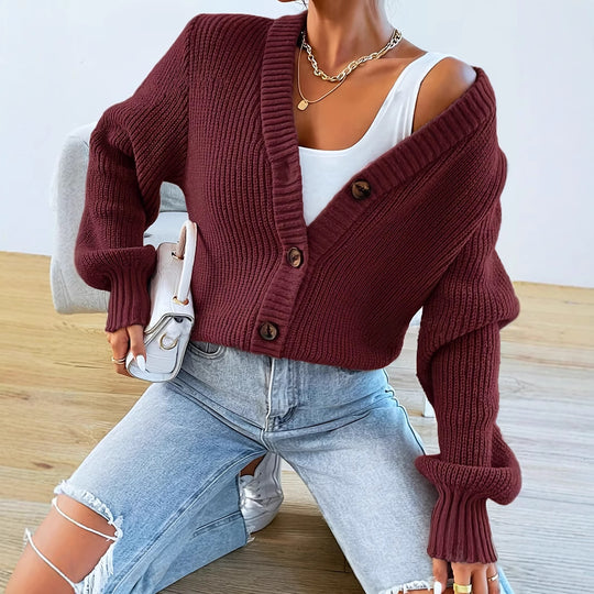 Damen bequeme Strickjacke mit schickem V-Ausschnitt Heidi-Mode