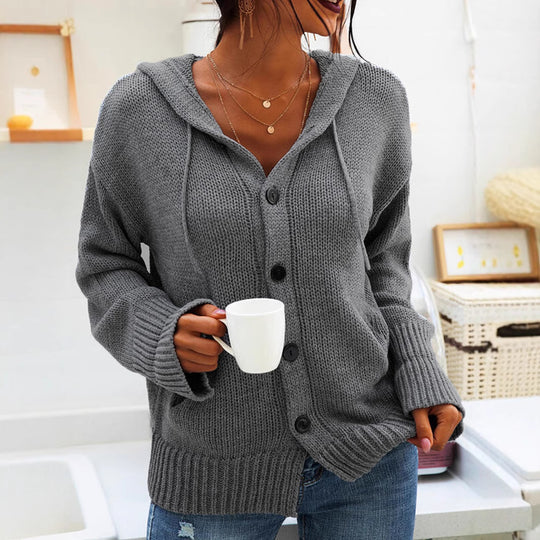 Damen Grober Strickcardigan mit Kapuze und praktischen Taschen Heidi-Mode