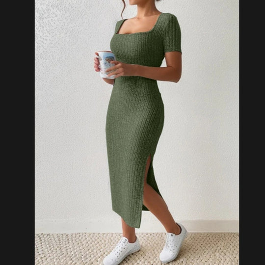 Damen Figurbetontes Maxikleid mit seitlichen Schlitzen und elastischem Material Heidi-Mode