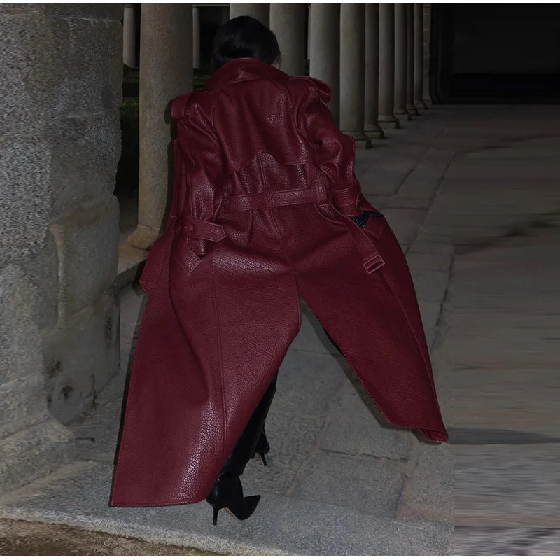 Damen Oversized Kunstleder-Trenchcoat mit hohem Kragen und abnehmbaren Gürtel Heidi-Mode