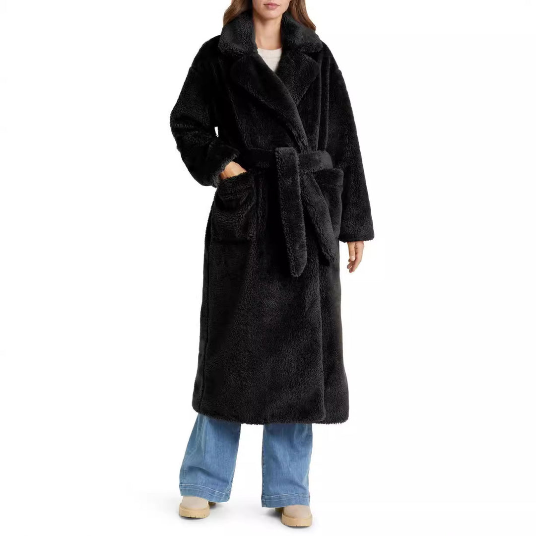 Damen Lange Kuschel-Bademantel mit Gürtel und Taschen Heidi-Mode