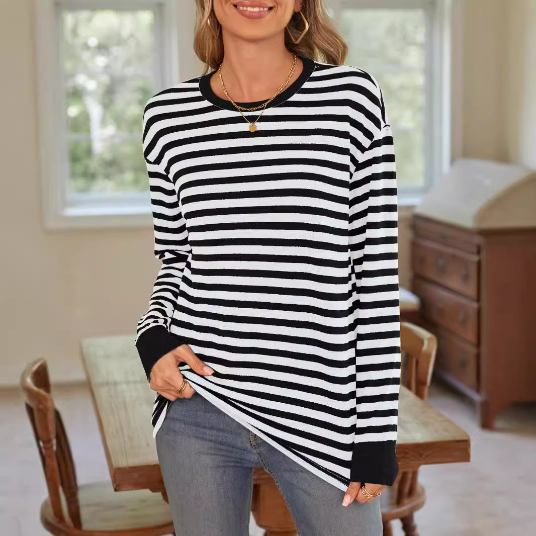Damen bequemes Langarmshirt mit gestreiftem Design und Rundhalsausschnitt Heidi-Mode