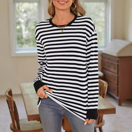 Damen bequemes Langarmshirt mit gestreiftem Design und Rundhalsausschnitt Heidi-Mode