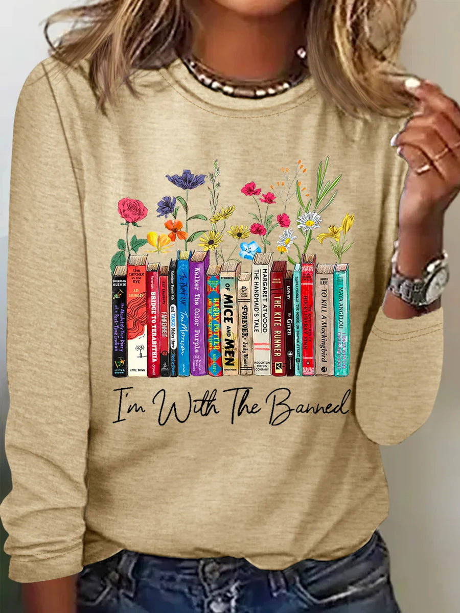 Damen Langarmshirt mit Bücher- und Blumenmotiv Heidi-Mode