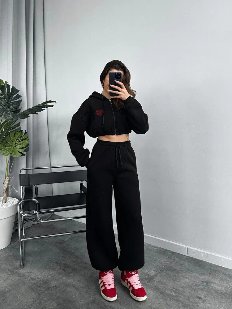 Damen lässiges Cropped Hoodie-Set mit weiten Jogginghosen Heidi-Mode