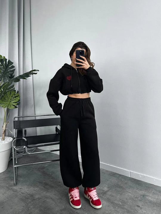 Damen lässiges Cropped Hoodie-Set mit weiten Jogginghosen Heidi-Mode