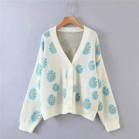 Damen Strickjacke mit Blumenmuster und V-Ausschnitt Heidi-Mode
