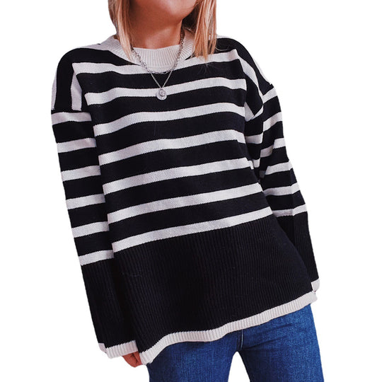Damen lässiger Strickpullover mit modernem Streifenmuster und feiner Rippstruktur Heidi-Mode
