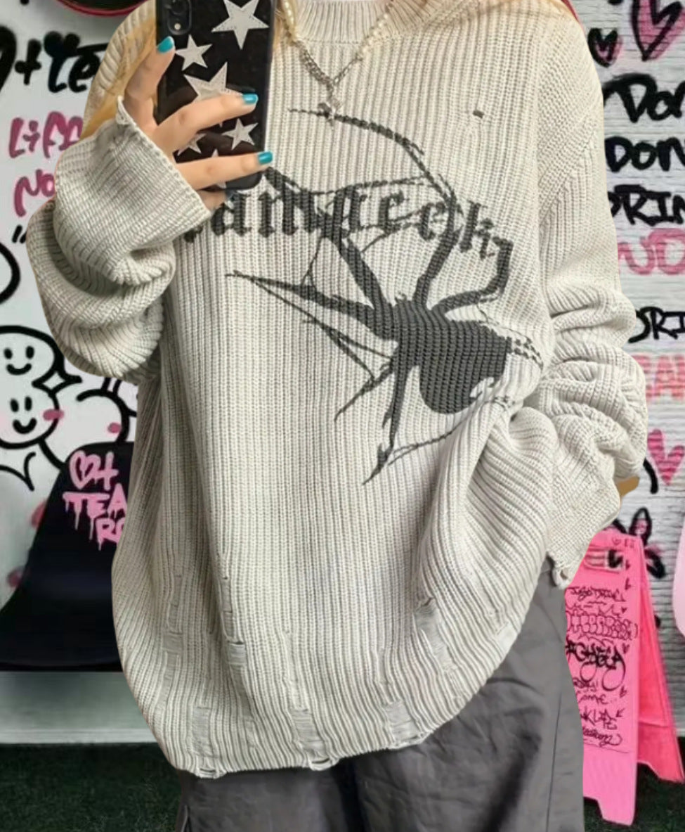 Damen Oversized Strickpullover mit auffälligem Spinnenmuster Heidi-Mode