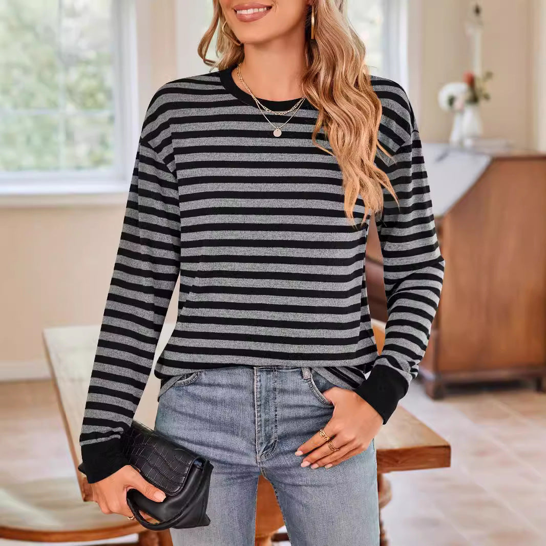 Damen bequemes Langarmshirt mit gestreiftem Design und Rundhalsausschnitt Heidi-Mode