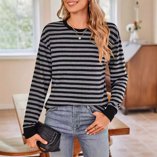 Damen bequemes Langarmshirt mit gestreiftem Design und Rundhalsausschnitt Heidi-Mode