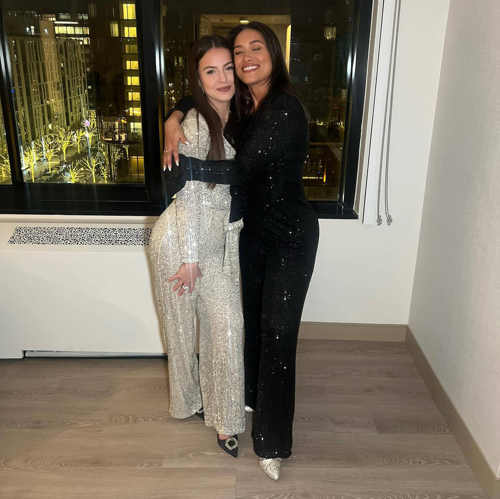 Damen Glitzerndes Lounge-Set mit langärmliger Bluse und weiten Hosen Heidi-Mode