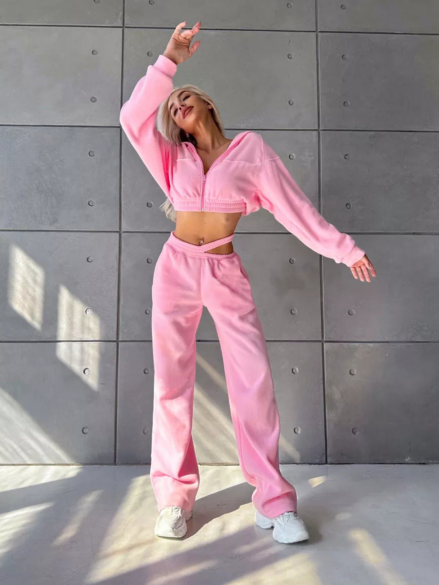 Damen sportliches Fleece-Set mit cropped Hoodie und elastischer Hose Heidi-Mode