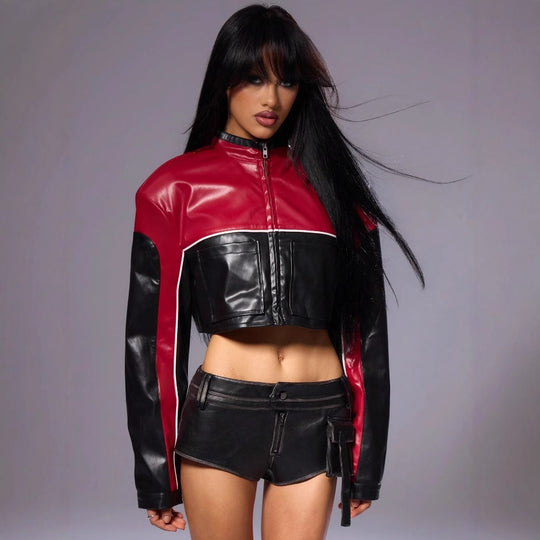Damen cropped Bikerjacke mit kontrastierenden Ärmeln Heidi-Mode