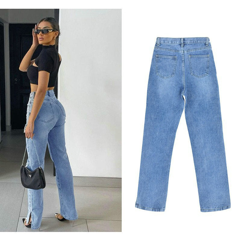 Damen lässige Ripped Jeans mit hoher Taille und modernen Fransen Heidi-Mode