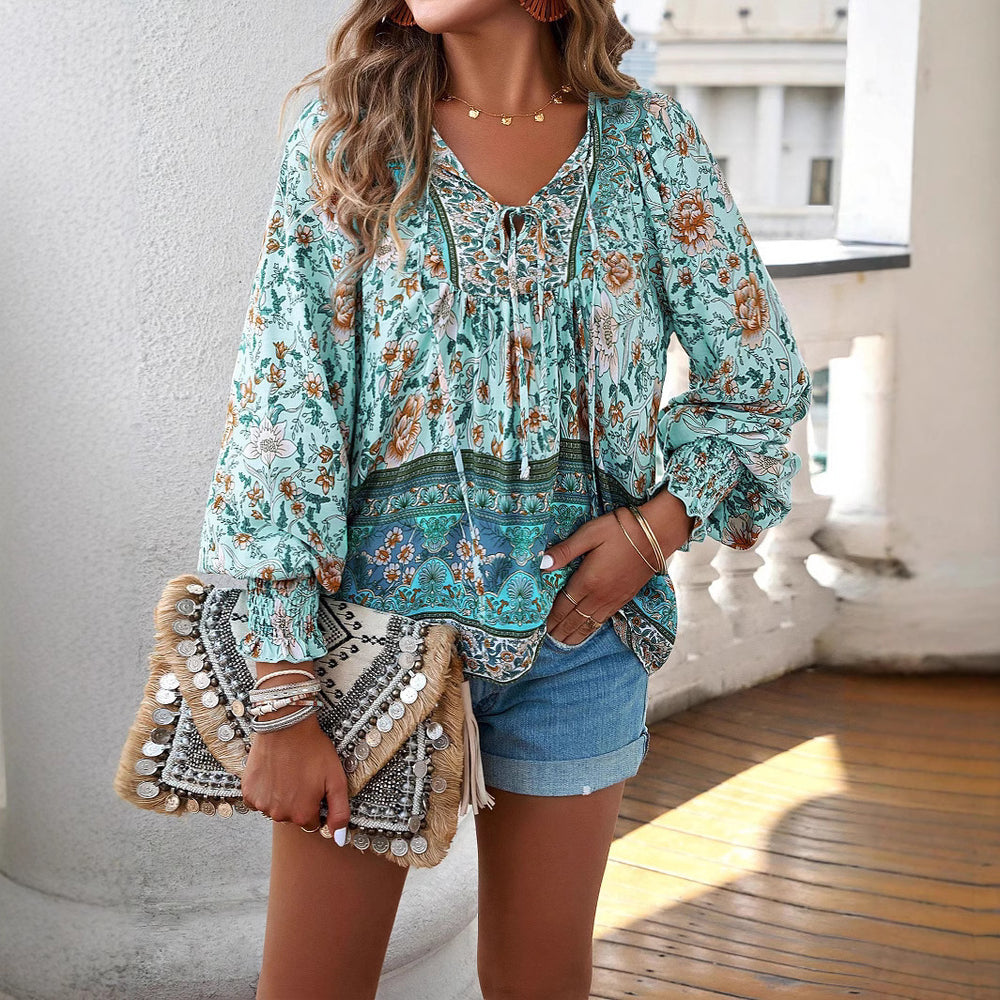 Damen Boho-Bluse mit Schleifenverzierung und floralen Mustern Heidi-Mode