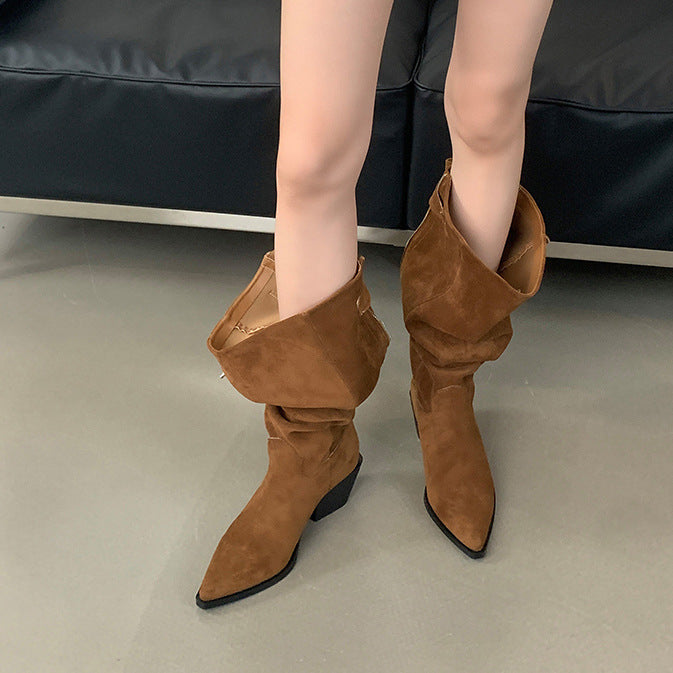 Damen Stiefeletten mit dekorativem Falten-Design und spitzem Zehen Heidi-Mode