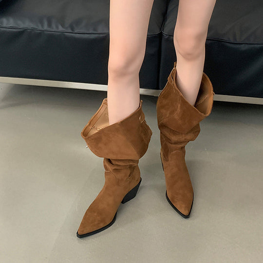 Damen Stiefeletten mit dekorativem Falten-Design und spitzem Zehen Heidi-Mode