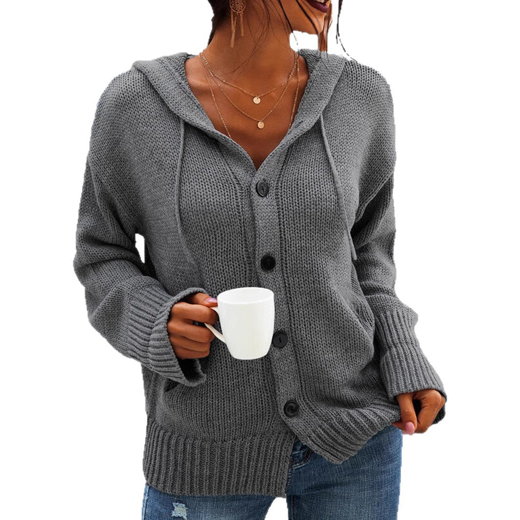 Damen Strickjacke mit Kapuze und knöpfen im lässigen Stil Heidi-Mode