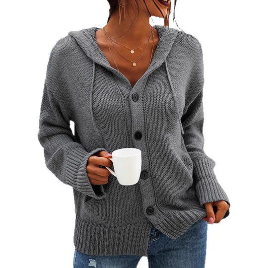 Damen Strickjacke mit Kapuze und knöpfen im lässigen Stil Heidi-Mode
