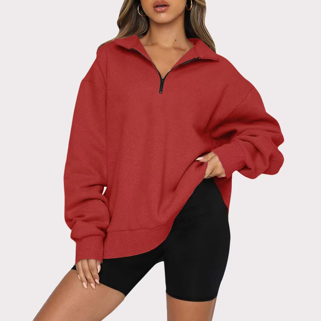 Damen modischer Oversized Pullover mit kurzem Reißverschluss und lässigen Ärmeln Heidi-Mode