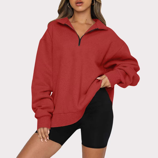 Damen modischer Oversized Pullover mit kurzem Reißverschluss und lässigen Ärmeln Heidi-Mode