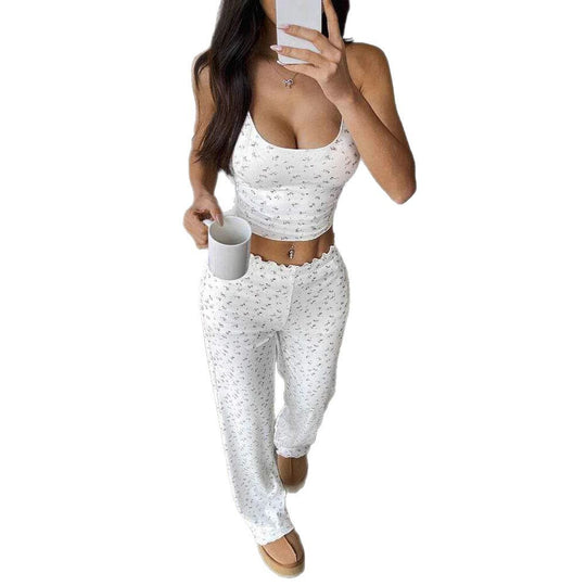 Damen Gemütliches Schlafanzug-Set mit verziertem Top und weiten Hosen Heidi-Mode