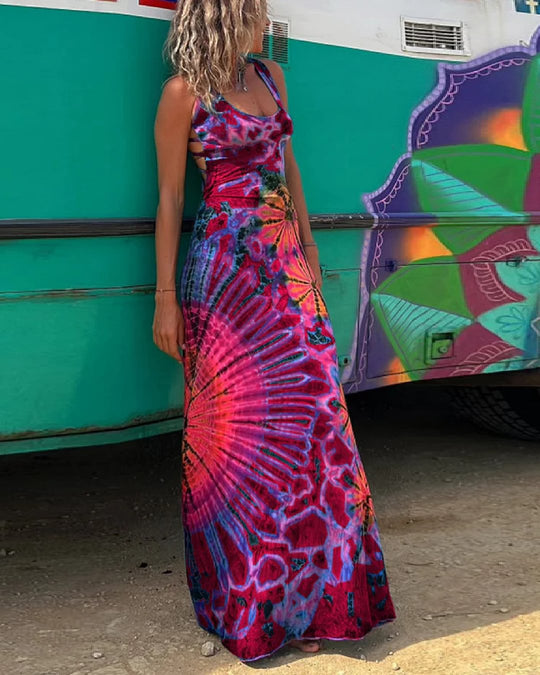 Heidi-Mode | Maxi Kleid mit Kordelzug und Batikdruck