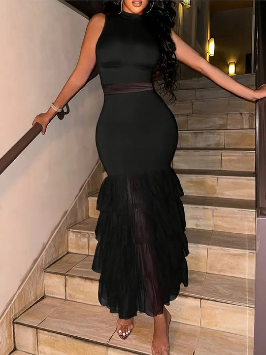 Damen Maxikleid mit transparentem Tüllrock und figurbetontem Oberteil Heidi-Mode