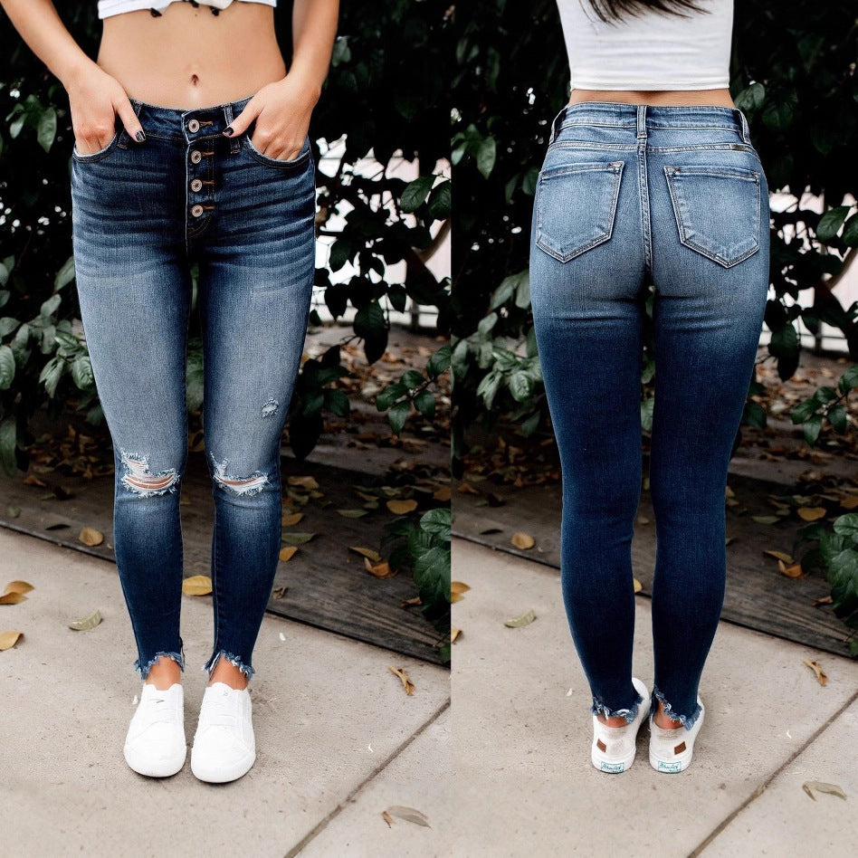 Damen Skinny Jeans mit Button-Fly und modischen Destroyed-Details Heidi-Mode