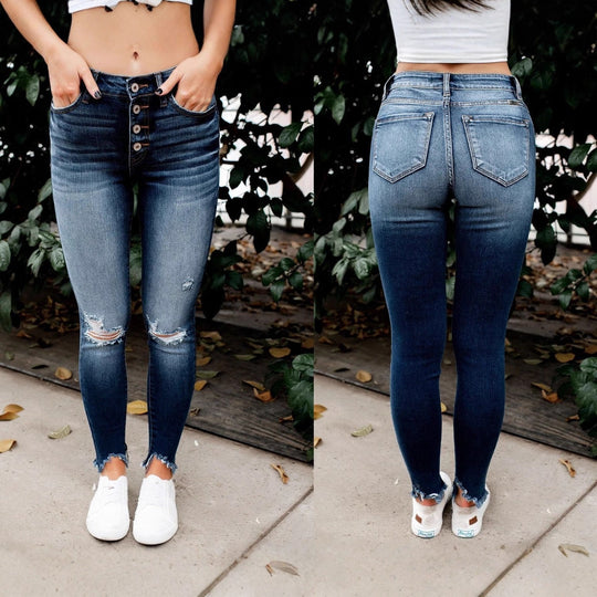 Damen Skinny Jeans mit Button-Fly und modischen Destroyed-Details Heidi-Mode