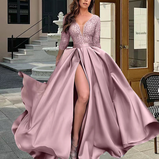 Damen Elegantes Abendkleid mit tiefem V-Ausschnitt und seitlichem Schlitz Heidi-Mode