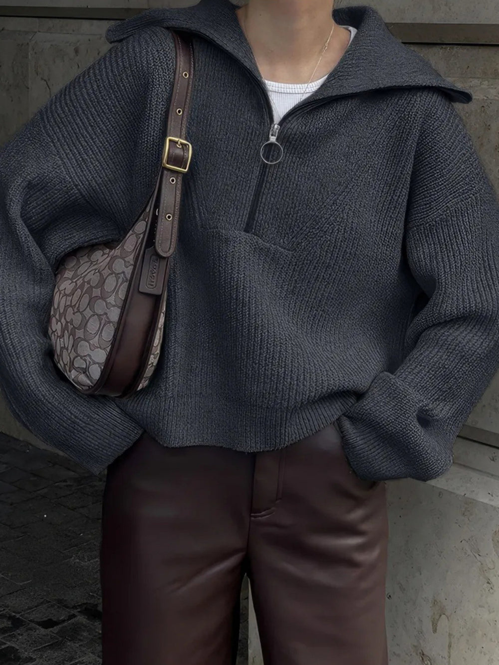 Damen Strickpullover mit Reißverschluss und lässigem Schnitt Heidi-Mode