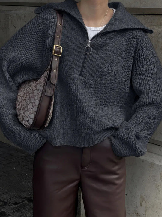 Damen Strickpullover mit Reißverschluss und lässigem Schnitt Heidi-Mode